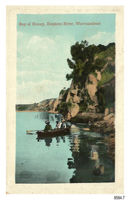 Postcard, portrait orientation, figures in a row boat beside cliffs on a river bend