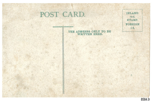 White card with printed text and lines in green ink
