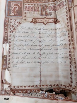 Handwritten text explaining how the bible came to belong to the Kermond family