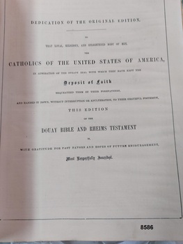 Detailed text dedication this edition of the Douay Bible and Rheims Testament to the Catholics of the United States of America