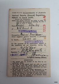 A cardboard permit allowing Dr Angus to board ships. Black text on white background.