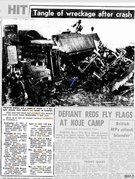 Newspaper article and photograph of a fatal train collision at Moriac in 1952.