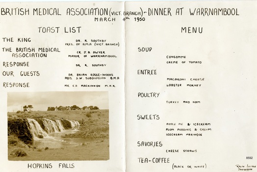 A handwritten dinner menu with a photograph of the Hopkins Falls.