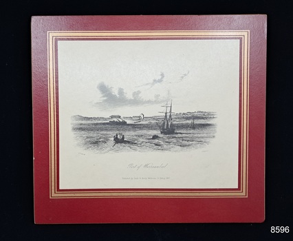 A black and white print of the Port of Warrnambool surrounded by a maroon and gold printed frame.