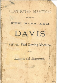 Small paper book with stitched binding, contents include the instructions for operating a sewing machine
