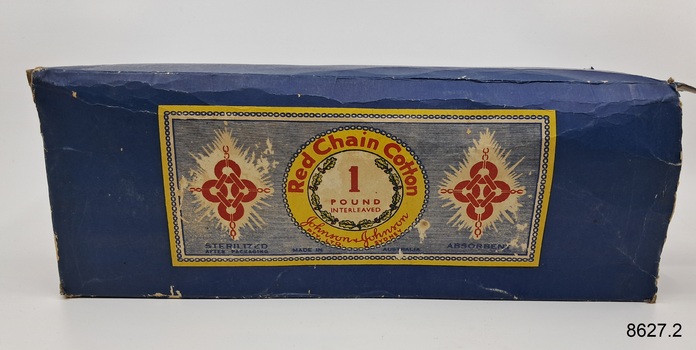 Rectangular blue cardboard box with coloured rectangular label