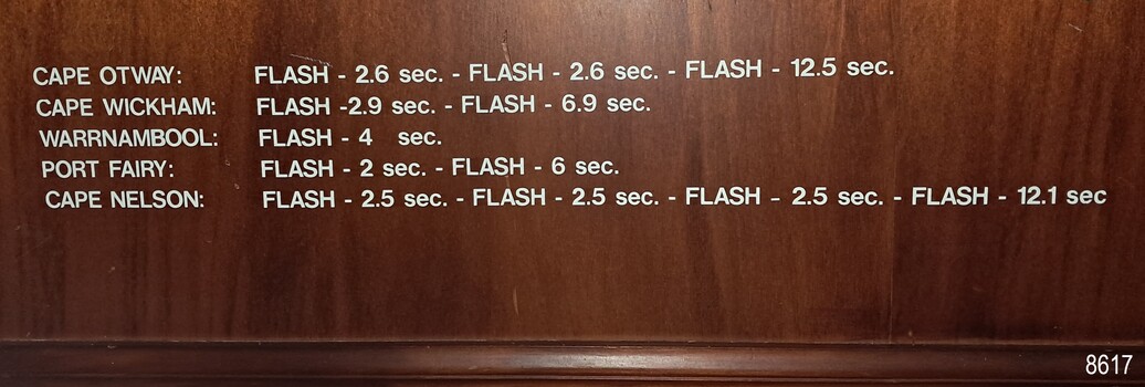 Painted list of flash timing in seconds for five of the lighthouses along the coast