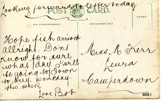 Postcard with handwritten message on the back