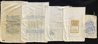 Set of five flour bags - W.C. Thomas, Stratton's, McAlpin's, Golden Crust and Moran & Cato's