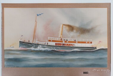 Photograph of a painting of the S.S. Rowitta moving through the water.