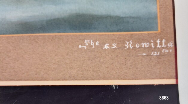 Close up of title of the painting in white Gothic font - "The S. S. Rowitta" and "121 tns"