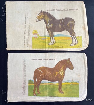 Front view of two oat bags from the Parsons' Farm Animal Series - Clydesdale series No.1(8650.1) and Suffolk series No.3 (8650.2)