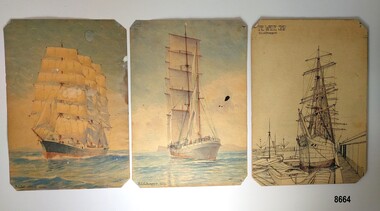 Set of three small artworks depicting sailing ships - two being watercolours and one "pen and wash".