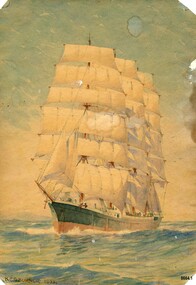 Watercolour painting of a sailing ship in full sail facing forward