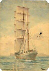 Watercolour painting of sailing ship in full sail moving away