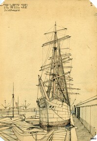 Ink sketch of a sailing ship moored to a dock. There are several small boats and a larger ship in the picture.