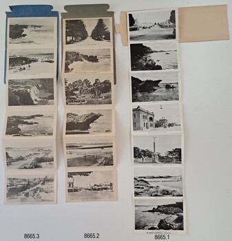 Three postcard folders opened out with reverse side of photographic strip showing