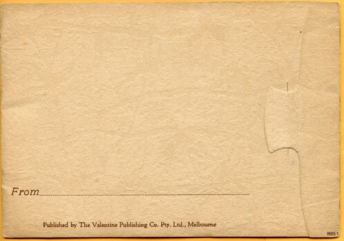 Textured cream card with brown printed text and logo, and a cut out tab