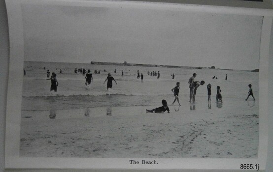Figures in bathing costumes in the water and on the shore