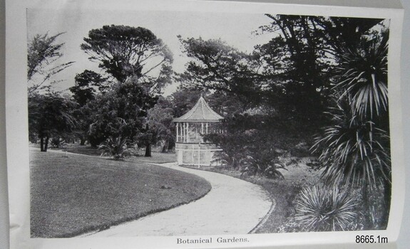 Gazebo flanked by tall trees and a pathway meandering around it