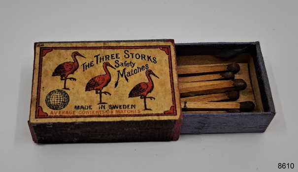 Small box of safety matches showing three storks on the label.