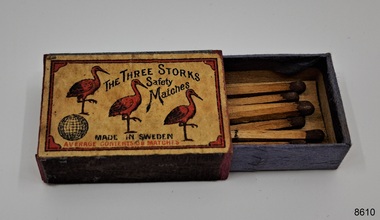 Small box of safety matches showing three storks on the label.
