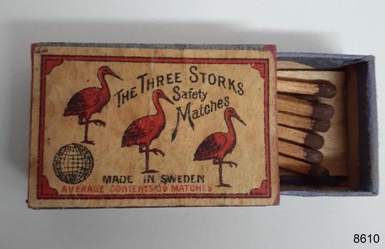 Small box of safety matches showing three storks on the label.