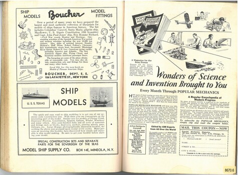 Black and white print and illustrations of advertisement pages for model making, some publicity specific to "special construction sets and separate parts for the Sovereign of the Seas".