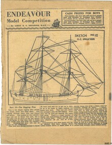 Front view of newspaper clipping pasted on pulp cardboard, featuring Sketch 12 - The Rigging Plan. This view includes newspaper column text and a diagram of model ship rigging. 