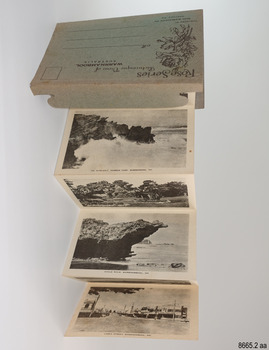 Postcards are in a strip, concerten-folded and opened out, showing one side