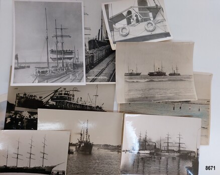 Collection of black and white photographs of sailing ships and steamers