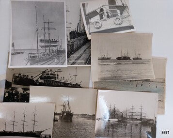 Collection of black and white photographs of sailing ships and steamers