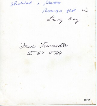 Handwritten notes on back of photograph in blue and black ink