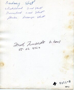 Handwritten notes on back of photograph in blue and black ink