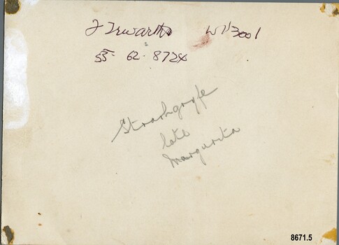 Back of photograph with donor's name and telephone number hand wriiten in ink, and the name of the ship handwritten in pencil