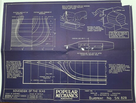 Blueprint, Sheet No. 1, on purple paper with white print for ship model Sovereign of the Seas. Including diagrams of deck planking and hull. 