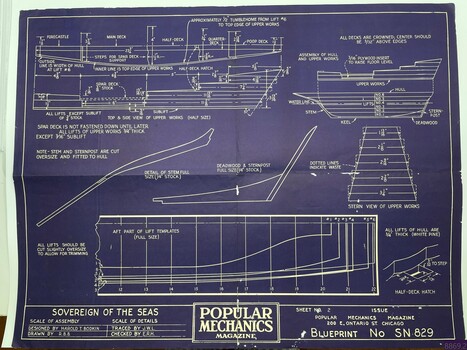 Blueprint, Sheet No. 2, on purple paper with white print for ship model Sovereign of the Seas. Including diagrams of stem and sternpost assembly.