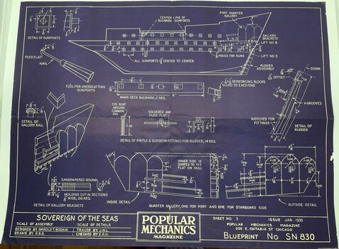 Blueprint, Sheet No. 3, on purple paper with white print for ship model Sovereign of the Seas. Including diagrams of main deck bulwark and quarter galleries. 