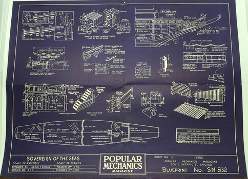 Blueprint, Sheet No. 5, on purple paper with white print for ship model Sovereign of the Seas. Including diagrams of decorative rails and scrollwork.