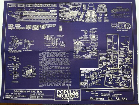 Blueprint, Sheet No. 6, on purple paper with white print for ship model Sovereign of the Seas. Including diagrams of decorative details.