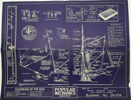 Blueprint, Sheet No. 7, on purple paper with white print for ship model Sovereign of the Seas. Including diagrams of main flagstaff; and riggings