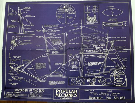 Blueprint, Sheet No. 8, on purple paper with white print for ship model Sovereign of the Seas. Including diagrams of lifts and braces, lifeboat and anchor. 