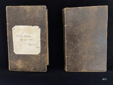 Front covers of the two Welsh Theological dictionaries. Volume 1 has a label - 'Welsh Bible, 90 years old, April 3rd 1844'.