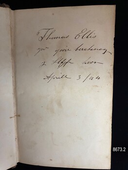 Inscription inside the Welsh Theological Dictionary, Volume 2. It records 'Thomas Ellis ... (words in Welsh)... April 3/44.
