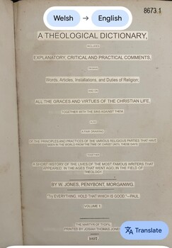 Google translation of the title page of the Welsh Theological Dictionary, Volume 1.