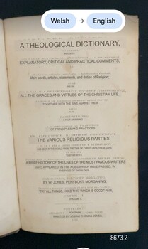 Google translation of the title page of the Welsh Theological Dictionary, Volume 2.