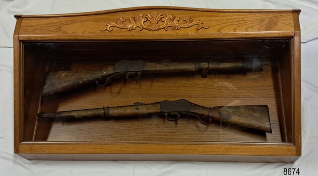 Glass fronted wooden case containing two mounted rifles