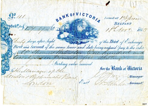 Flat view from front of banknote on fine grey paper. Printed in dark blue ink and hand scribed in black faded ink. Issued by the Bank of Victoria in Belfast 1853.
