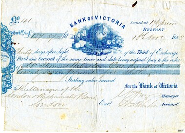 Flat view from front of banknote on fine grey paper. Printed in dark blue ink and hand scribed in black faded ink. Issued by the Bank of Victoria in Belfast 1853.