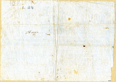 Flat view from back of Banknote Belfast. Fine grey paper with creasing and spotting. A name inscribed with black ink. 